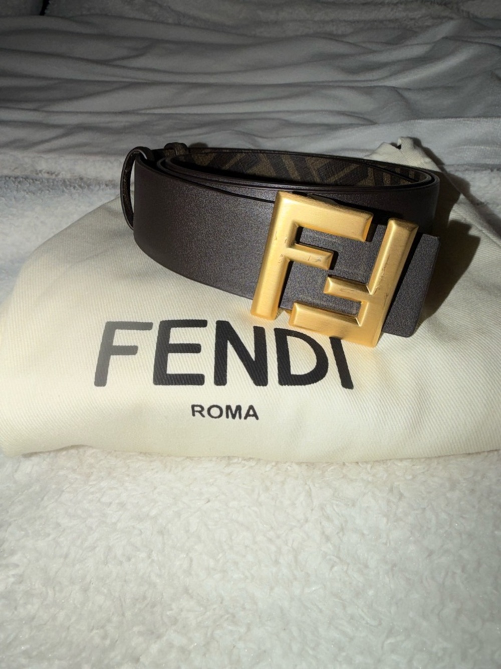 Fendi Reversible Brown Leather Belt with Gold Double F Buckle